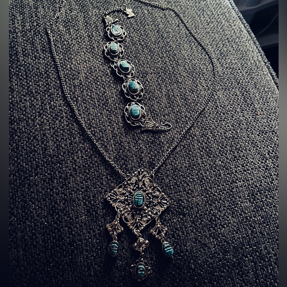 Intricate Faux Silver and Turquoise Egyptian Scarab Necklace & Bracelet